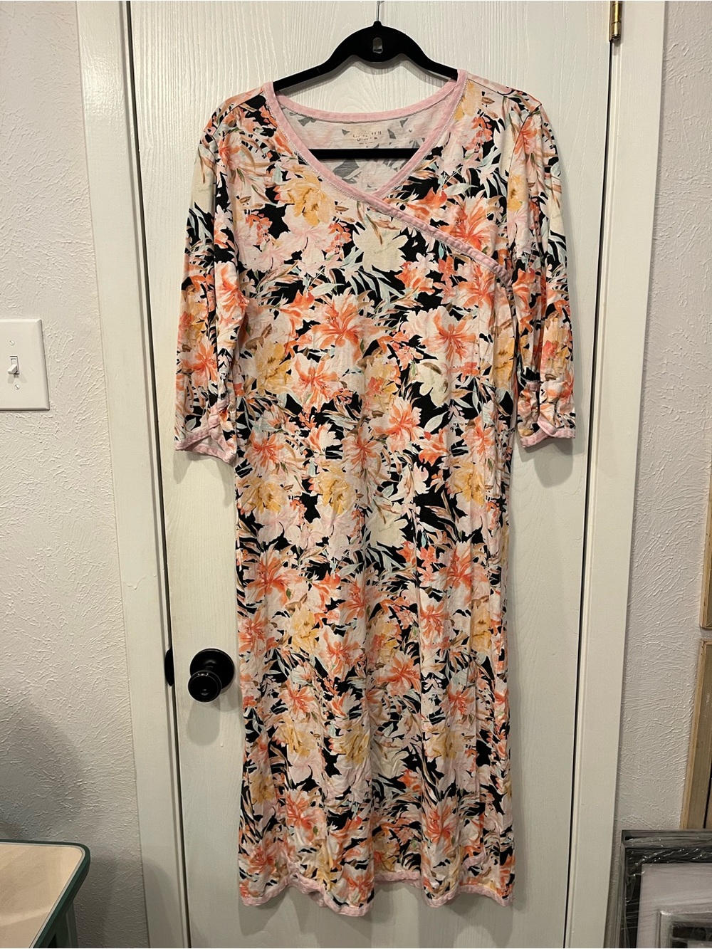 Garnet Hill Asian Wrap Nightgown Pajamas Nightie Floral Organic Cotton Medium